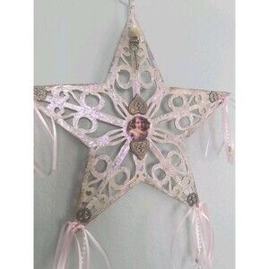 Hand Painted Wooden Angel Cupid Star Christmas Ornament Mixed Media Art 11"